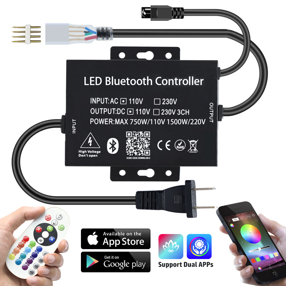 AC110/220V 750/1500W, PWM LED Bluetooth Music Time RGB Wireless IR 24 keys Infrared Remote Controller, For 164 or 328Ft RGB 5050 High Voltage led strip lights